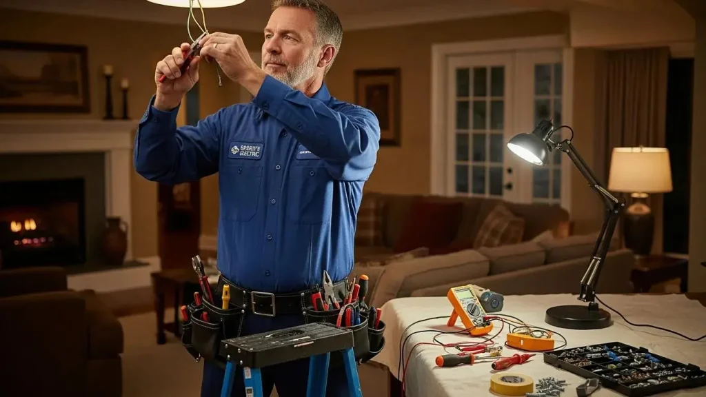 Licensed electrician working on home electrical repair in a cozy living room