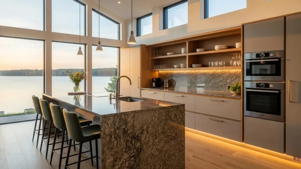 Modern kitchen with high-quality materials, lakeside view, and stylish design elements, ideal for remodeling in Duluth, MN.